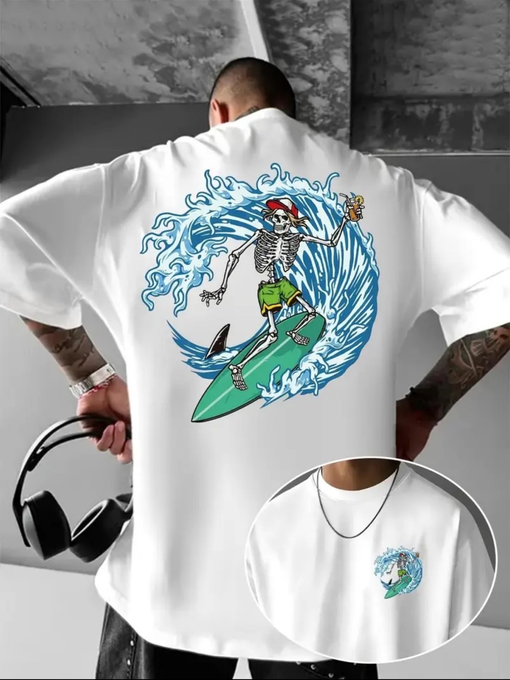 White Graphic Surf Skeleton Tee